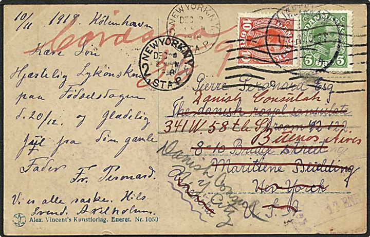 5 øre grøn og 10 øre rød Chr. X på postkort fra København d. 10.11.1918 til New York. Omadresseret til Buenos Aires.