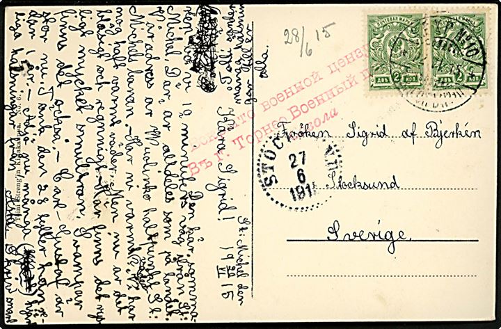 Russisk 2 kop. Våben i parstykke på brevkort fra Mikkeli annulleret med 2-sproget bureaustempel K.P.X.P. No. 10 (= Kuopio-Kouvola) d. 22.6.1915 til Stocksund, Sverige. Russisk censur fra Torneå.