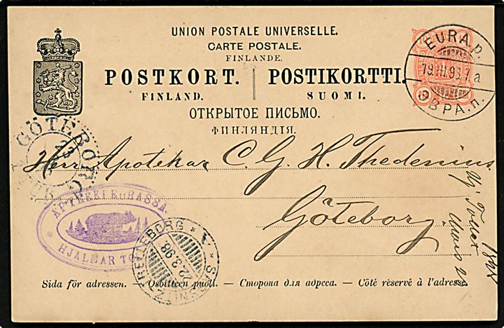 10 pen. helsagsbrevkort annulleret med 2-sproget stempel Eura.p. d. 19.3.1898 via svensk sejlende bureau Sassnitz - Trelleborg *A* d. 22.3.1898 til Göteborg, Sverige.