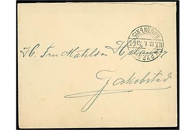 10 pen. Våben i parstykke på bagsiden af brev annulleret med 2-sproget bureaustempel K.P.XP. No. 5 H.T. (= Toijala-Tampere-Vaasa) d. 18.1.1903 til Jakobstad.