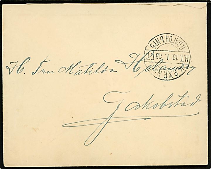 10 pen. Våben i parstykke på bagsiden af brev annulleret med 2-sproget bureaustempel K.P.XP. No. 5 H.T. (= Toijala-Tampere-Vaasa) d. 18.1.1903 til Jakobstad.