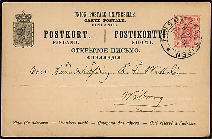 10 pen. Våben helsagsbrevkort annulleret med bureaustempel Finska Postkupen No. 10 d. 12.11.1889 til Wiborg.