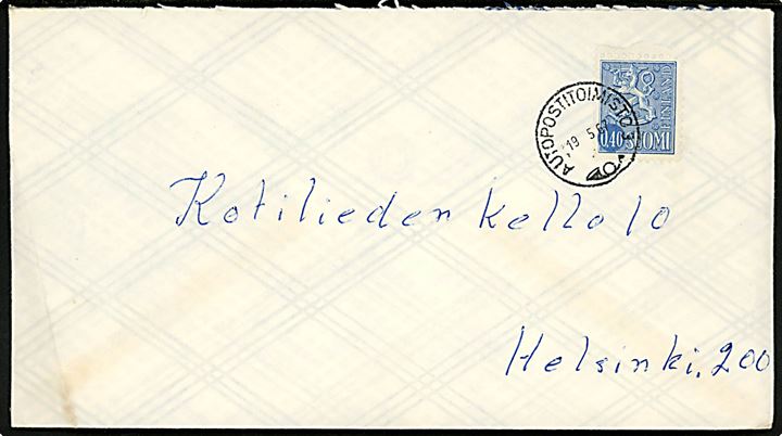 0,40 mk. Løve på brev annulleret med postautomobil stempel Autopostitoimisto 3 d. 19.5.1967 til Helsinki. 