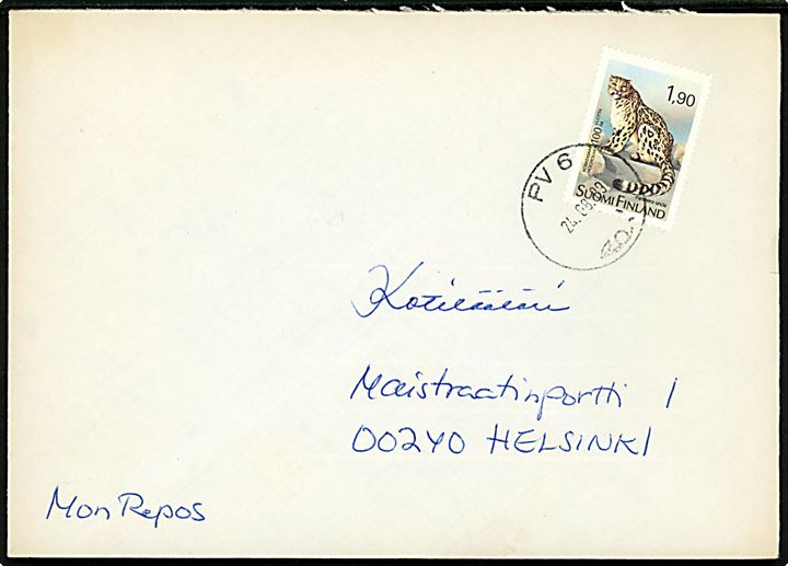 1,90 mk. Högholmen dyrepark 100 år på brev annulleret med bureaustempel PV 6 d. 24.8.1989 til Helsinki.