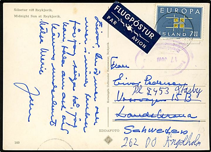 7 kr. Europa udg. på luftpost brevkort annulleret med svagt stempel d. 11.6.1970 til Landskrona, Sverige - eftersendt til Ängelholm.