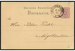 5 pfg. Ciffer helsagsbrevkort fra Ellum annulleret med 2-ringsstempel Lügumkloster d. 11.11.1885 til Møgeltønder.