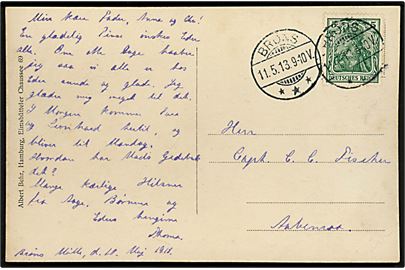 5 pfg. Germania på brevkort (Familie på veranda) dateret Brøns Mølle og annulleret Bröns *** d. 11.5.1913 til Aabenraa.