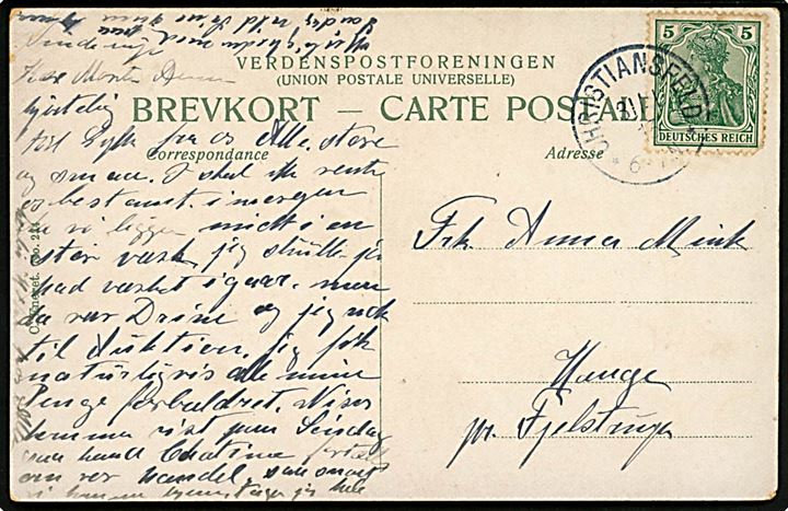 5 pfg. Germania på brevkort stemplet Christiansfeld d. 31.1.1913 til Fjelstrup.
