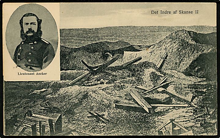 Krigen 1864. Dybbøl, indre af skanse II med portræt af Lieutnant Ancker. J. Jensen u/no.