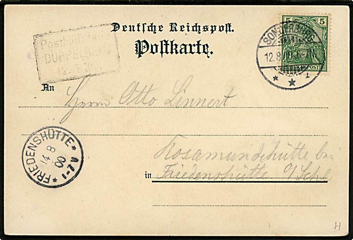Dybbøl, Gruss von den Düppeler Schanzen. Hackbarth u/no. Frankeret med 5 pfg. Germania stemplet Sonderburg d. 12.8.1900 og sidestemplet Posthülfstelle Düppelberg 12.8.00 til Friedenshütte.