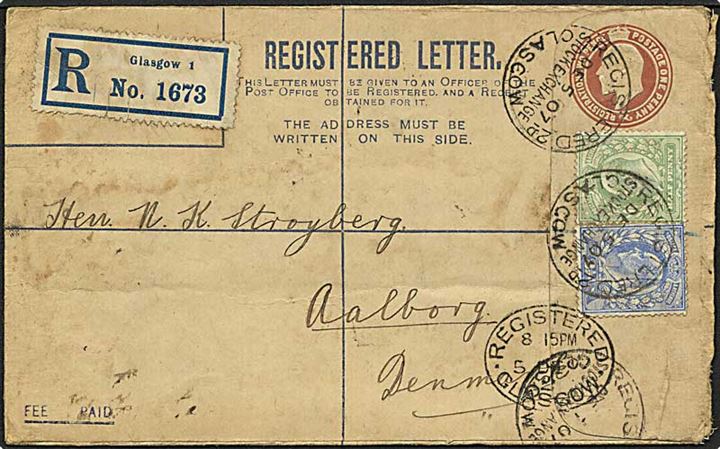 4 penny porto på Rec brev fra Glasgow d. 5.12.1907 til Aalborg.