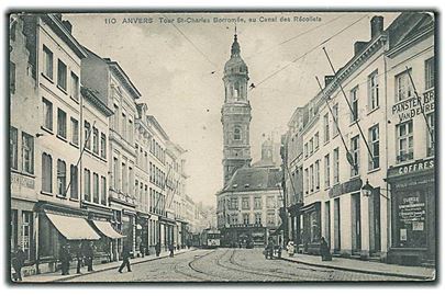 Tour St. Charles Borromée, au Canal des Récollets, Anvers. S. B. P. no. 110. Sporvogn i baggrunden.