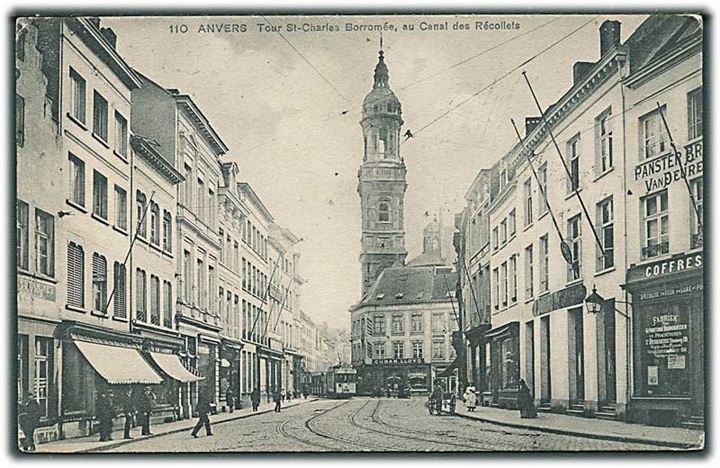 Tour St. Charles Borromée, au Canal des Récollets, Anvers. S. B. P. no. 110. Sporvogn i baggrunden.