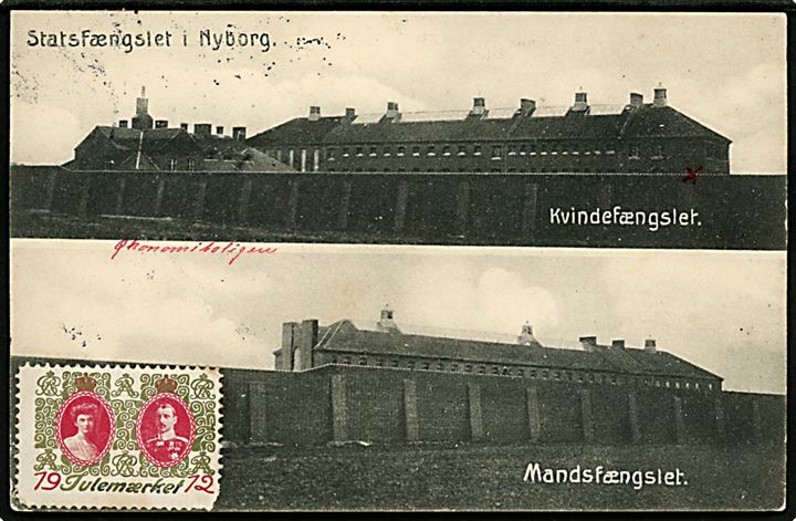 Nyborg, Statsfængsel med Kvindefængsel og Mandsfængsel. U/no. Dateret Nyborg Strafanstalt med 5 øre Bølgelinie fra Nyborg d. 9.12.1912 til Horsens.