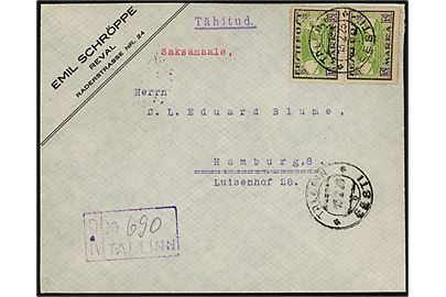 15 mk. Vikingeskib i parstykke på anbefalet brev fra Tallinn d. 13.2.1923 til Hamburg, Tyskland.