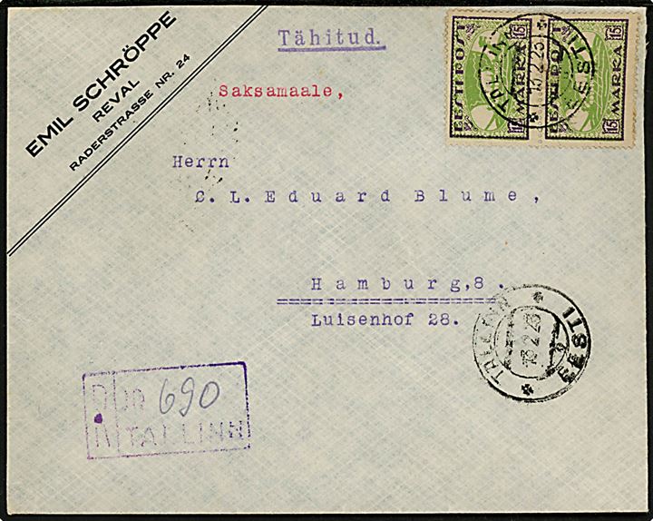 15 mk. Vikingeskib i parstykke på anbefalet brev fra Tallinn d. 13.2.1923 til Hamburg, Tyskland.
