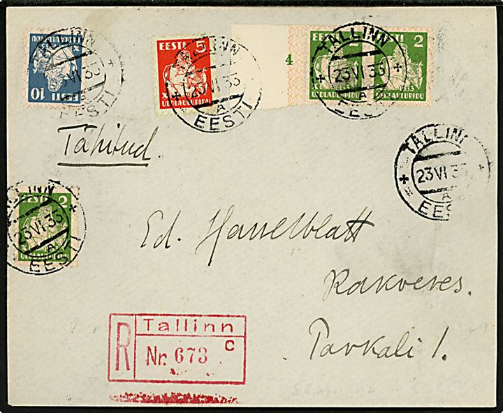 2 s. (2), 5 s. og 10 s. Sangerfestival på anbefalet brev fra Tallinn d. 23.6.1933 til Rakvere. 
