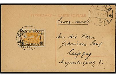 5 mk. Vikingeskib utakket single på brevkort fra Lihula d. 9.8.1921 til Leipzig, Tyskland.