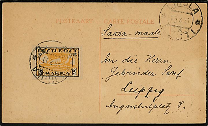 5 mk. Vikingeskib utakket single på brevkort fra Lihula d. 9.8.1921 til Leipzig, Tyskland.