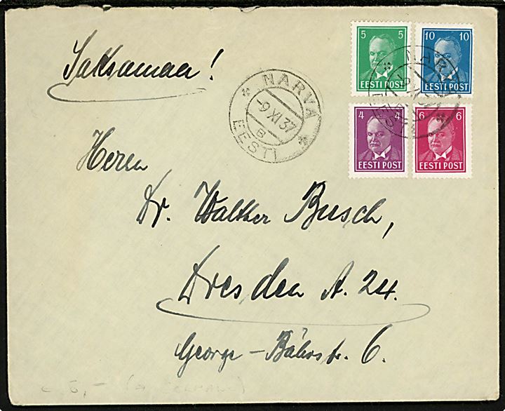 4 s., 5 s., 6 s. og 10 s. Päts på 25 s. frankeret brev fra Narva d. 9.11.1937 til Dresden, Tyskland. 