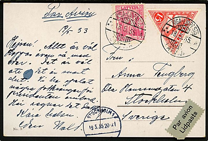 20 s. og trekantet 15 s. Luftpost på luftpost brevkort stemplet Riga - Lidpasts d. 18.5.1935 til Stockholm, Sverige. 