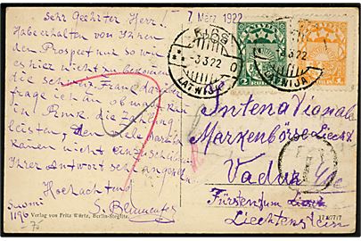 1 rub. og 3 rub. Våben på underfrankeret brevkort fra Riga d. 3.3.1922 til Vaduz, Liechtenstein. Sort T-stempel og udtakseret i porto. Enestående destination.