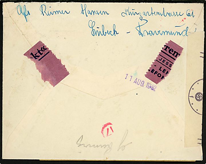 12 pfg. Hitler på brev fra Lübeck d. 3.8.1942 til utilstrækkelig adresse i Danmark. Forespurgt med gul etiket - P.4007 (10-39) i Lemvig og Skive. Åbnet af tysk censur i Hamburg.