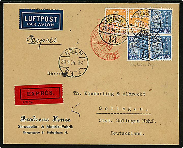 10 øre Bølgelinie (2) og 30 øre Karavel (3) på 110 øre frankeret luftpost ekspresbrev fra København d. 28.9.1934 via Köln til Solingen, Tyskland. 