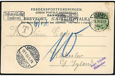 5 øre Våben på underfrankeret brevkort med rammestempel Utilstrækkelig frankeret fra Assens d. 13.5.1904 til Haderslev, Nordslesvig. Udtakseret i 10 pfg. tysk porto.