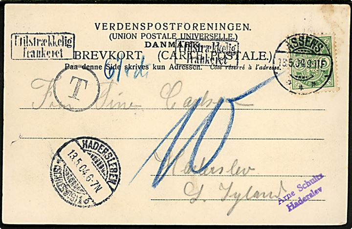 5 øre Våben på underfrankeret brevkort med rammestempel Utilstrækkelig frankeret fra Assens d. 13.5.1904 til Haderslev, Nordslesvig. Udtakseret i 10 pfg. tysk porto.