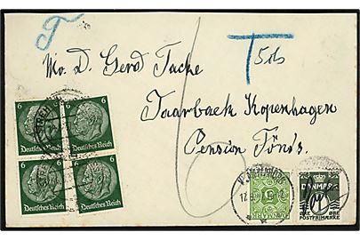 Tysk 6 pfg. Hindenburg (4) på underfrankeret brev fra Strehl.... d. 16.8.1937 til Taarbæk. Udtakseret i porto med 1 øre Bølgelinie påskrevet Porto og 5 øre Portomærke stemplet Klampenborg d. 17.8.1937. Kuvert afkortet i toppen.