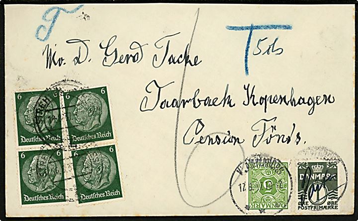 Tysk 6 pfg. Hindenburg (4) på underfrankeret brev fra Strehl.... d. 16.8.1937 til Taarbæk. Udtakseret i porto med 1 øre Bølgelinie påskrevet Porto og 5 øre Portomærke stemplet Klampenborg d. 17.8.1937. Kuvert afkortet i toppen.
