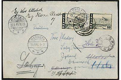 30 aur Luftpost (2) på brev fra Reykjavik d. 28.4.1949 til Søby Hou, Jylland, Danmark. Ubekendt og forespurgt i Sæby, Ulsted, Thisted, Ulsted og Mariager. Udslebet stjernestempel SKOVSTED. PÅ bagsiden kontorstempel fra Sæby Postkontor. 