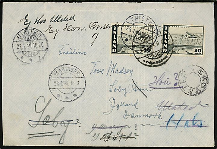 30 aur Luftpost (2) på brev fra Reykjavik d. 28.4.1949 til Søby Hou, Jylland, Danmark. Ubekendt og forespurgt i Sæby, Ulsted, Thisted, Ulsted og Mariager. Udslebet stjernestempel SKOVSTED. PÅ bagsiden kontorstempel fra Sæby Postkontor. 