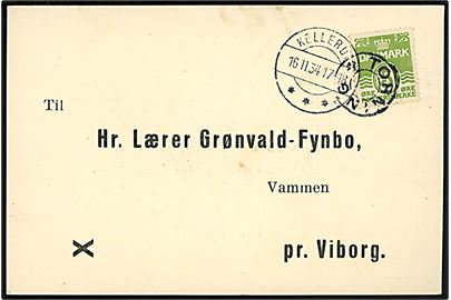 5 øre Bølgelinie på tryksagskort annulleret med udslebet stjernestempel TORNING og sidestemplet brotype IIc Kellerup sn2 d. 16.11.1934 til Vammen pr. Viborg.