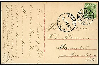 5 øre Chr. X på brevkort annulleret med stjernestempel DAMSHOLTE og sidestemplet Stege d. 13.2.1918 til Dyssekilde St.