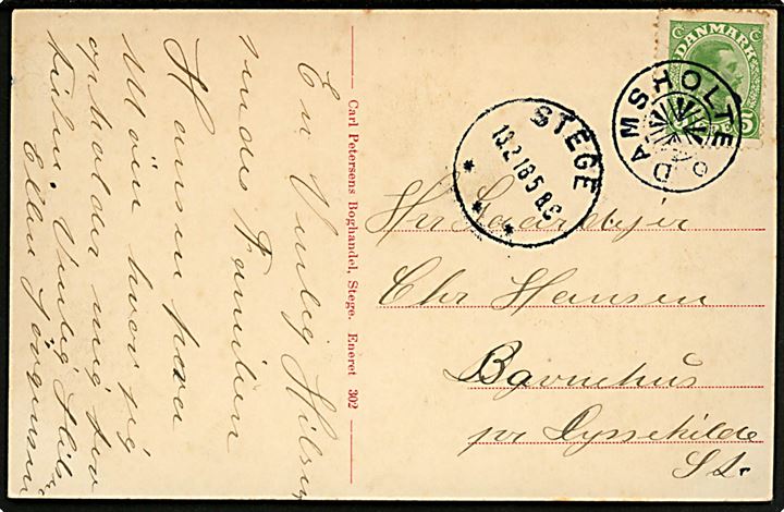 5 øre Chr. X på brevkort annulleret med stjernestempel DAMSHOLTE og sidestemplet Stege d. 13.2.1918 til Dyssekilde St.