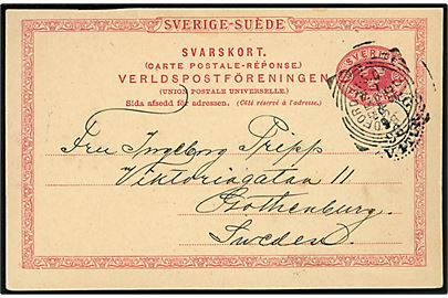 10 öre svardel af dobbelt helsagsbrevkort annulleret med britisk stempel i Bredford d. 25.9.1896 til Göteborg, Sverige.