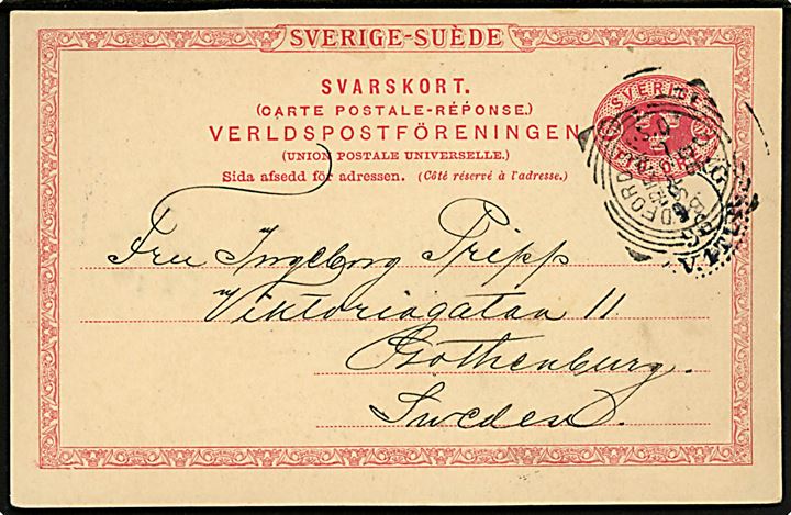 10 öre svardel af dobbelt helsagsbrevkort annulleret med britisk stempel i Bredford d. 25.9.1896 til Göteborg, Sverige.