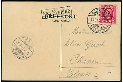 10 öre Oscar II på brevkort fra Helsingborg annulleret med dansk bureaustempel Kjøbenhavn - Helsingborg T.420 d. 24.9.1905 og sidestemplet Fra Sverige til Thann (Elsass), Tyskland.