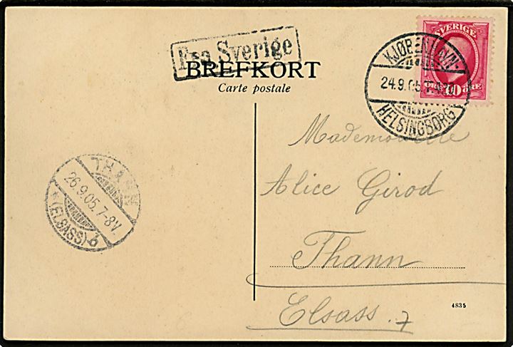 10 öre Oscar II på brevkort fra Helsingborg annulleret med dansk bureaustempel Kjøbenhavn - Helsingborg T.420 d. 24.9.1905 og sidestemplet Fra Sverige til Thann (Elsass), Tyskland.