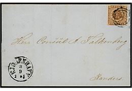 4 R.B.S. Thiele III gulbrun på faktura for gods sendt med dampskibet Cimbria annulleret med nr.stempel 1 og sidestemplet antiqua Kjøbenhavn d. 8.9.1854 til Randers.