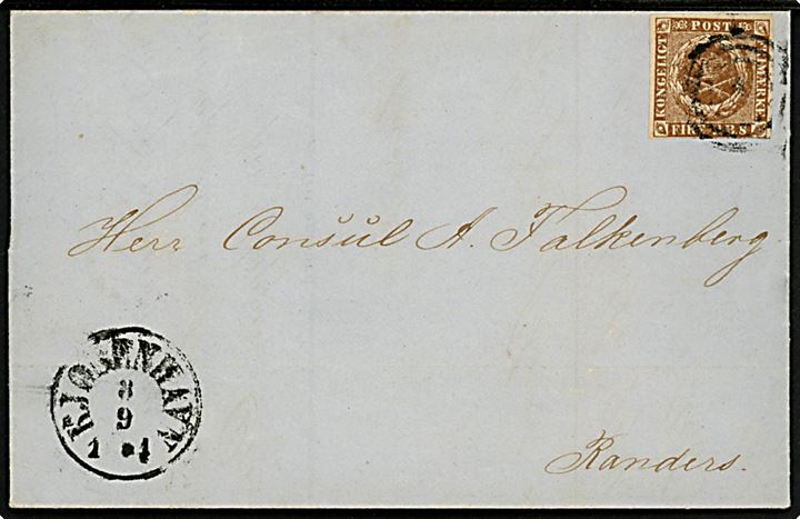4 R.B.S. Thiele III gulbrun på faktura for gods sendt med dampskibet Cimbria annulleret med nr.stempel 1 og sidestemplet antiqua Kjøbenhavn d. 8.9.1854 til Randers.
