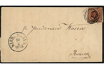 4 R.B.S. Thiele II på brev annulleret med nr.stempel 1 og sidestemplet antiqua Kiøbenhavn d. 10.2.1853 til Roskilde.