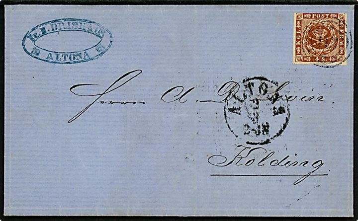 4 sk. 1858 udg. på brev annulleret med nr.stempel 113 og sidestemplet antiqua Altona d. 2.3.1863 til Kolding. 