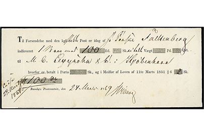 Fortrykt postkvittering fra Randers Postcontoir d. 24.3.1869 for afsendelse af værdibrev til København. 