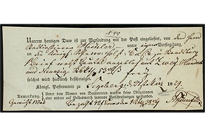 Fortrykt postkvittering for afsendelse af værdibrev fra Segeberg d. 27.3.1829.