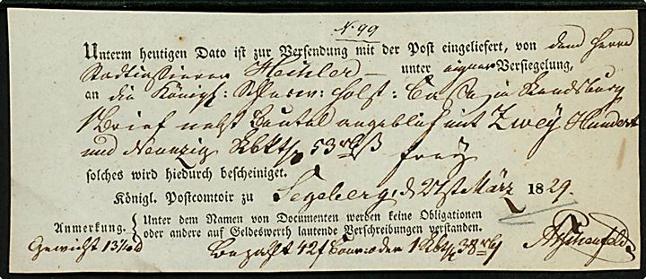 Fortrykt postkvittering for afsendelse af værdibrev fra Segeberg d. 27.3.1829.
