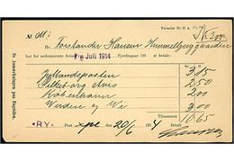 Kvittering - Formular Nr. 27 a. (1/7 08) - for betaling af 4 forskellige aviser i juli kvartal 1914 modtaget at Ry postekspedition d. 20.6.1914. Violet liniestempel *RY*.