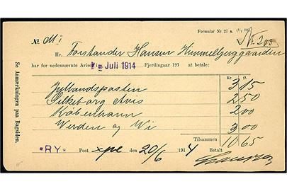 Kvittering - Formular Nr. 27 a. (1/7 08) - for betaling af 4 forskellige aviser i juli kvartal 1914 modtaget at Ry postekspedition d. 20.6.1914. Violet liniestempel *RY*.